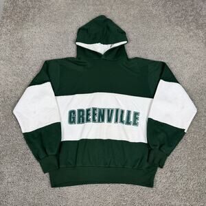 VTG Greenville Hoodie Mens XL Green White Colorblock Fleece Pullover Stripe 80s